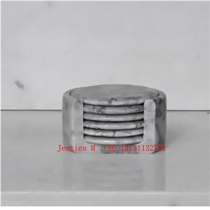 Round Grey Marble Bar Drink Coaster Set with Holder Set Of 6