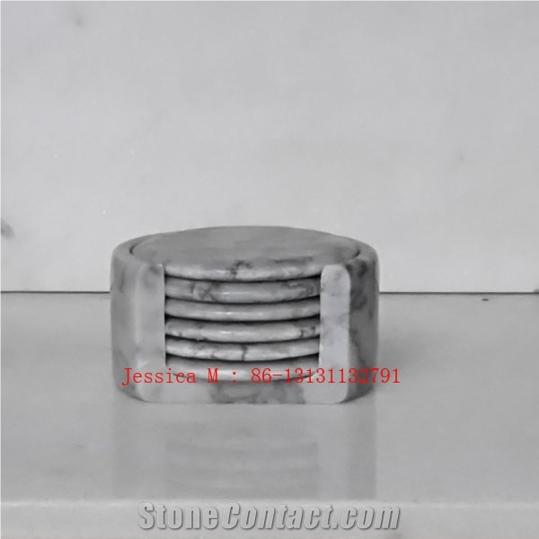 Round Grey Marble Bar Drink Coaster Set with Holder Set Of 6