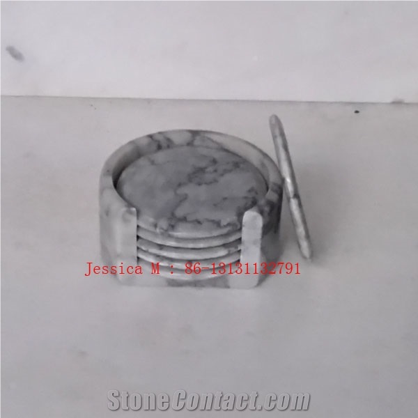 Round Grey Marble Bar Drink Coaster Set with Holder Set Of 6