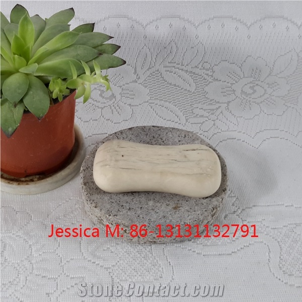Round Rough Surface Grey Granite Soap Dish