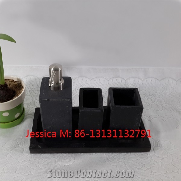 Slate Bath Set, Black Slate Soap Dispenser, Toothbrush Holder