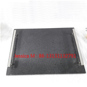 Square Stone Black Granite Tray for Hotel with Stainless Steel Handles