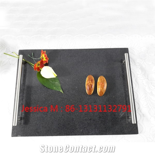 Square Stone Black Granite Tray for Hotel with Stainless Steel Handles
