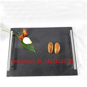 Square Stone Black Granite Tray for Hotel with Stainless Steel Handles