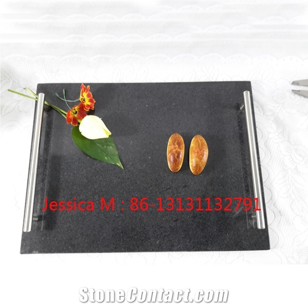 Square Stone Black Granite Tray for Hotel with Stainless Steel Handles