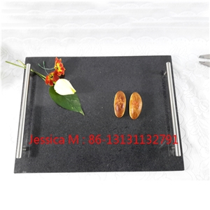 Square Stone Black Granite Tray for Hotel with Stainless Steel Handles