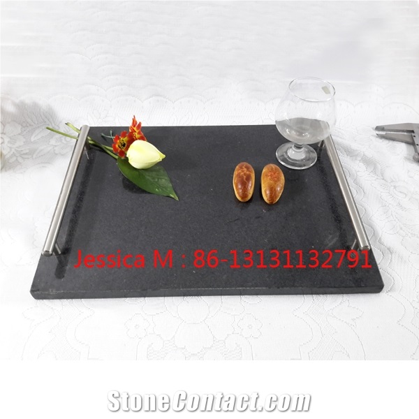 Square Stone Black Granite Tray for Hotel with Stainless Steel Handles