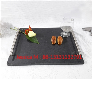 Square Stone Black Granite Tray for Hotel with Stainless Steel Handles