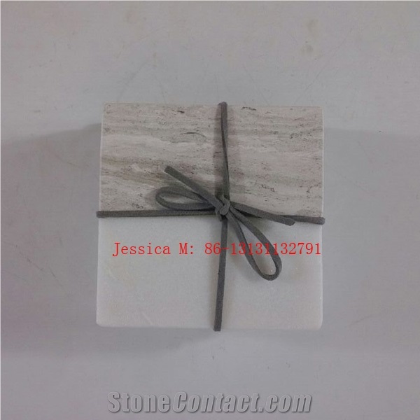 Square White and Yellow Two Color Marble Drink Coaster / 2 Tone Marble Coaster Set Of 4