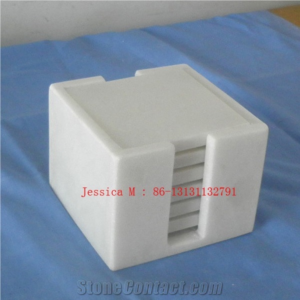 Square White Marble Coaster with Holder