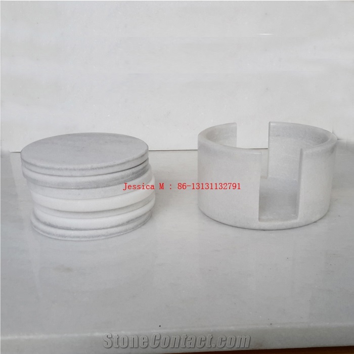 Stone Drink Coaster Set with Holder, White Marble Home Decor