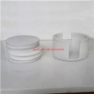 Stone Drink Coaster Set with Holder, White Marble Home Decor