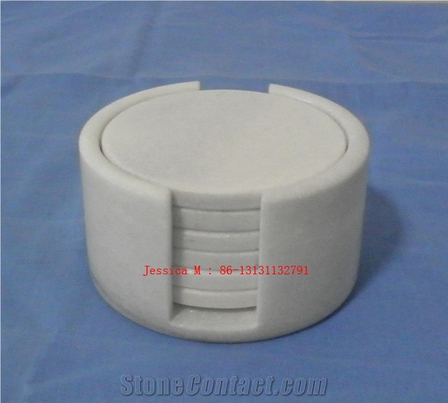 Stone Drink Coaster Set with Holder, White Marble Home Decor