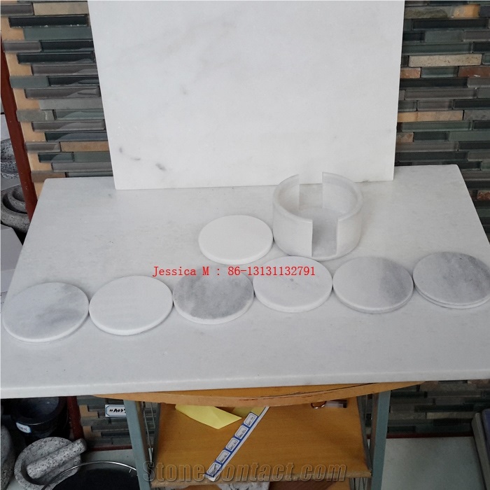 Stone Drink Coaster Set with Holder, White Marble Home Decor