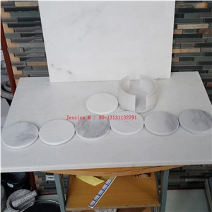 Stone Drink Coaster Set with Holder, White Marble Home Decor