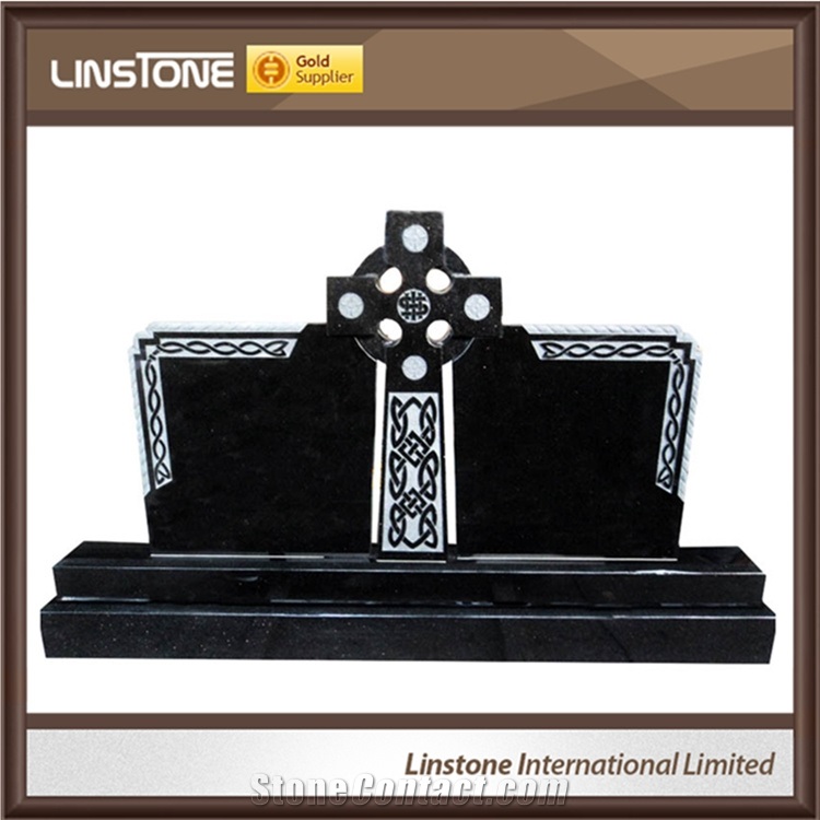 Cross Black Granite Headstone Double Grave Headstones