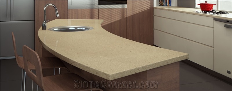 Almond Color Artificial / Engineered Quartz Kitchen Countertop Island Top Surfaces Manmade in China with Oem and Customized Services