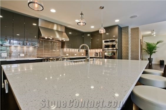 Iced White Artificial / Engineered Quartz Stone Tile & Slab with White Sparkling Crystal Materials, Comes in Prefabricated or Polished with High Gloss and Hardness