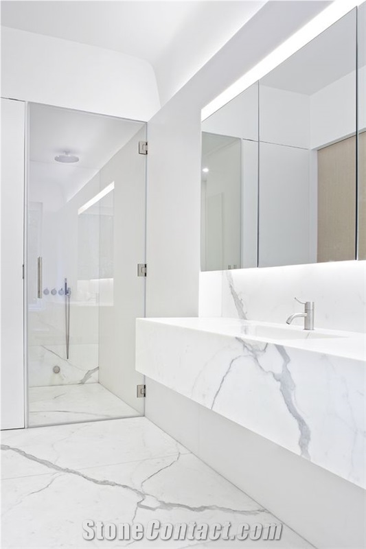 Marble Looks Imitation White Color Quartz Stone Bathroom Surface Countertops Vanity Tops for Residential and Commercial Applications Non Porous and Custom Sizes and Colors with Various Edge