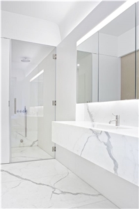Marble Looks Imitation White Color Quartz Stone Bathroom Surface Countertops Vanity Tops for Residential and Commercial Applications Non Porous and Custom Sizes and Colors with Various Edge