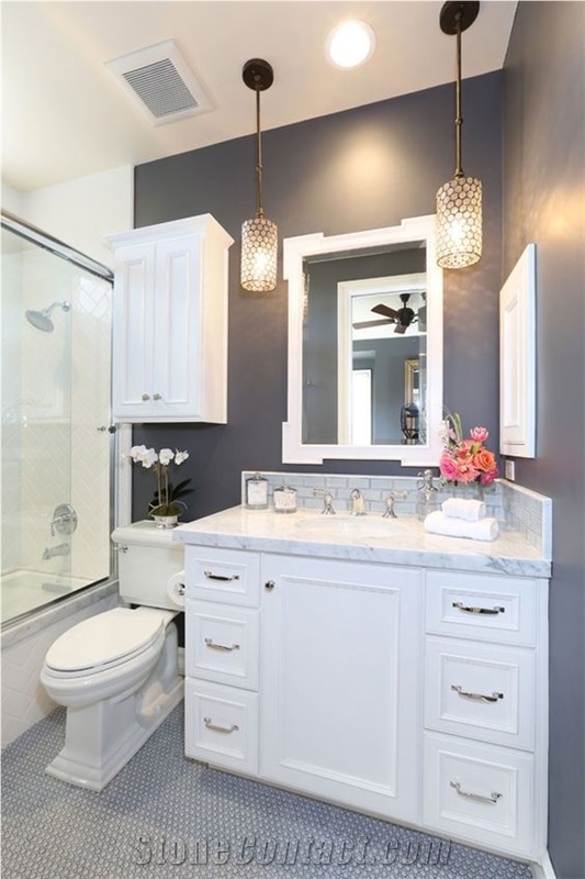 Marble Looks Imitation White Color Quartz Stone Bathroom Surface Countertops Vanity Tops for Residential and Commercial Applications Non Porous and Custom Sizes and Colors with Various Edge