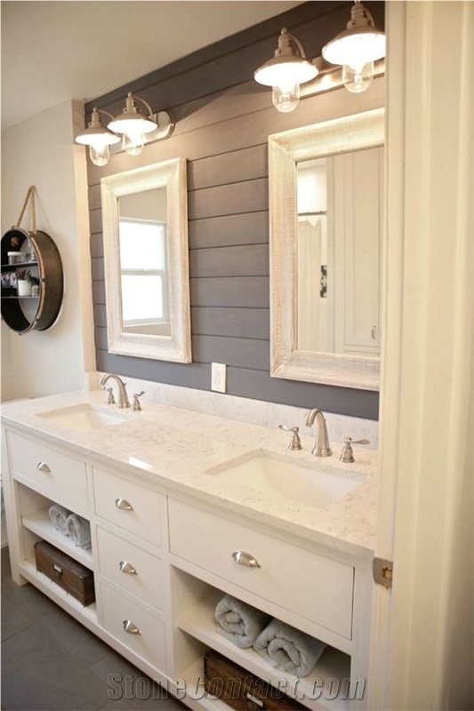 Marble Looks Imitation White Color Quartz Stone Bathroom Surface Countertops Vanity Tops for Residential and Commercial Applications Non Porous and Custom Sizes and Colors with Various Edge