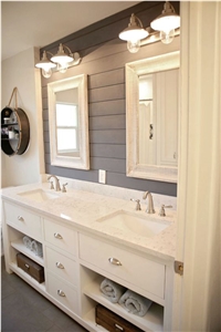 Marble Looks Imitation White Color Quartz Stone Bathroom Surface Countertops Vanity Tops for Residential and Commercial Applications Non Porous and Custom Sizes and Colors with Various Edge