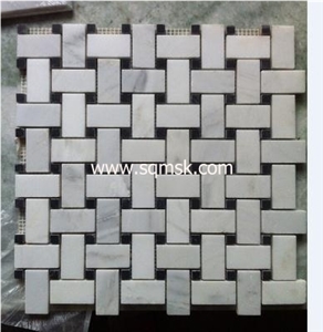 East White Stone Mosaic Tile,Snow White,Oriental White Marble,Baoxing White,Sichuan White Marble Honed 25*48 Basketweave with Black Dot Marble Mosaic for Bathroom,Wall,Background,Interior,Floor