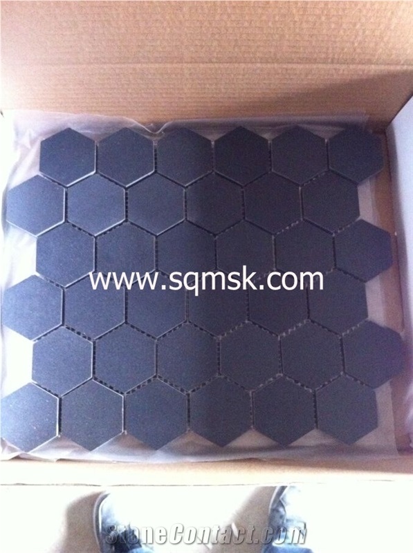 Neimeng Black stone mosaic tile,Ebony Black Mongolia,G 133,Menggu Black,Menggu Hei,Mongo Basalt,Mongolia Black Honed Hexagon 48mm Marble Mosaic for Wall,Floor,Bathroom Interior Hotel Decoration