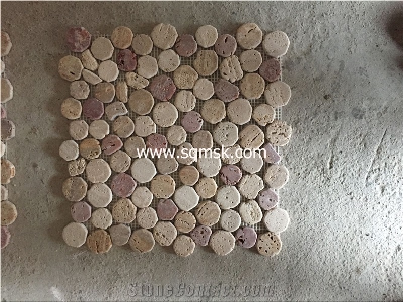 Red Travertine and yellow golden Travertine ,Light Travertine stone mosaic tile Mix Noce Travertine Pebble Round Tumble Mosaic for Hotel Bathroom,Background,Interior Decoration