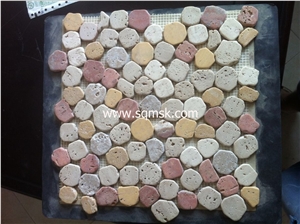 Red Travertine and yellow golden Travertine ,Light Travertine stone mosaic tile Mix Noce Travertine Pebble Round Tumble Mosaic for Hotel Bathroom,Background,Interior Decoration
