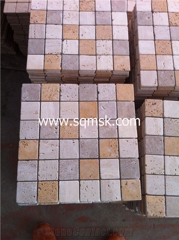 Turkey Stone Mosaic Travertine Mosaic Tile Light Travertine Mix Yellow Traverine and Noce Travertine Tumble 48*48mm Mosaic for Wall,Floor,Bathroom,Interior,Hotel,Restaurant