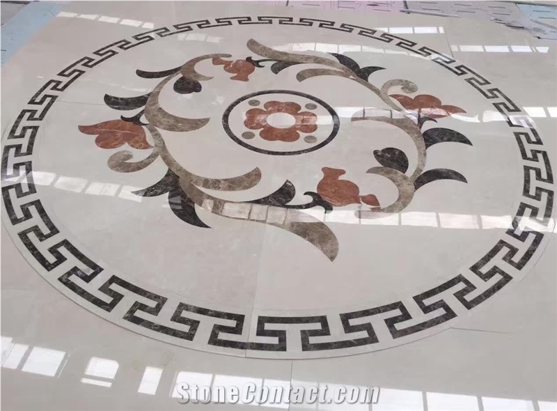 Waterjet Medallion,Ruschita Creme Rosa China Pink Marble Paver with Waterjet Cut Inlaid L,For Home Decoration Ivory Pink and White Marble Inlayed Medallion