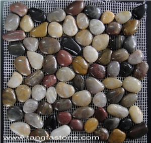 Natural River Stone Mosaic Tiles ,Polished Pebble Floor Tiles ,Pebble Mosaic in Mesh