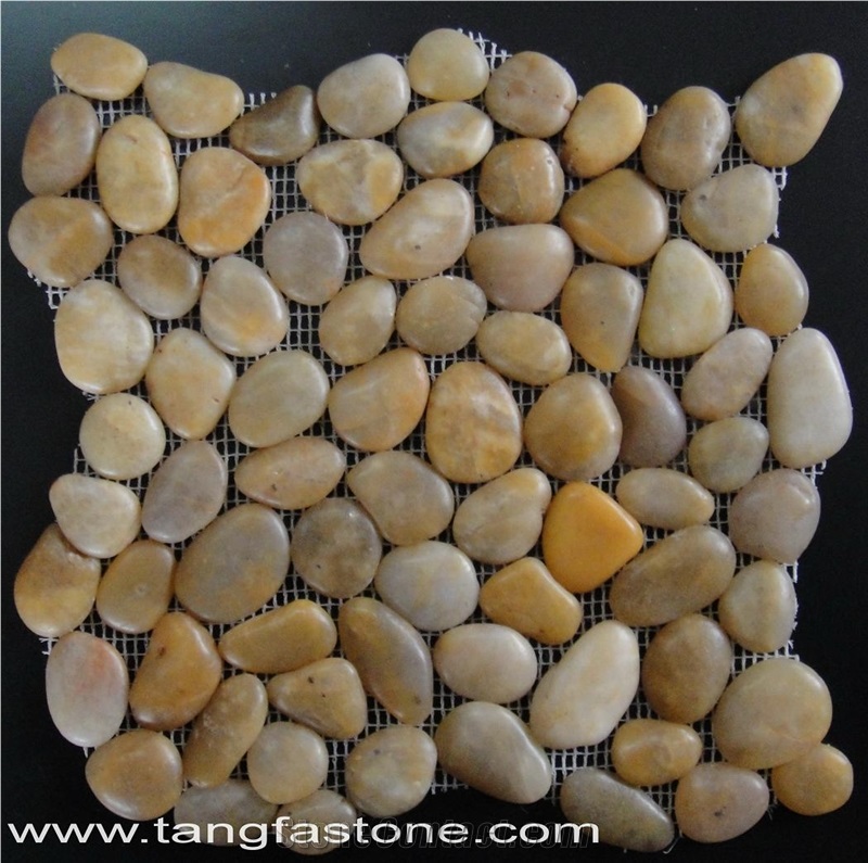 Natural River Stone Mosaic Tiles ,Polished Pebble Floor Tiles ,Pebble Mosaic in Mesh