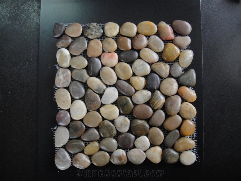 Polished Mix Color River Stone Mosaic in Kitchen and Bathroom ,Pebble Stone Mosaic Tiles in Paving