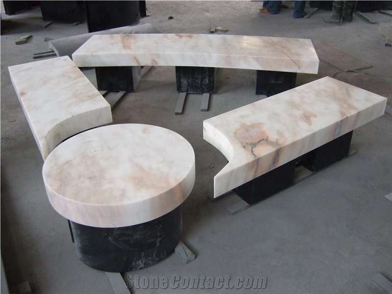Polished Stone Marble Bench and Tables in Garden
