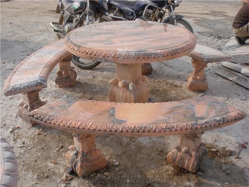 Polished Stone Marble Bench and Tables in Garden