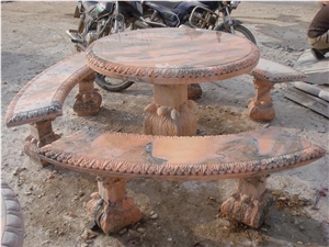 Polished Stone Marble Bench and Tables in Garden