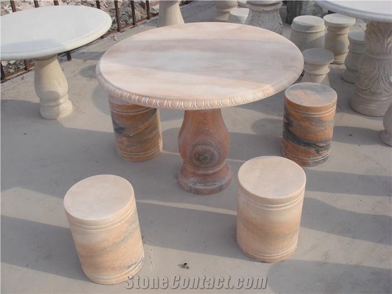 Polished Stone Marble Bench and Tables in Garden