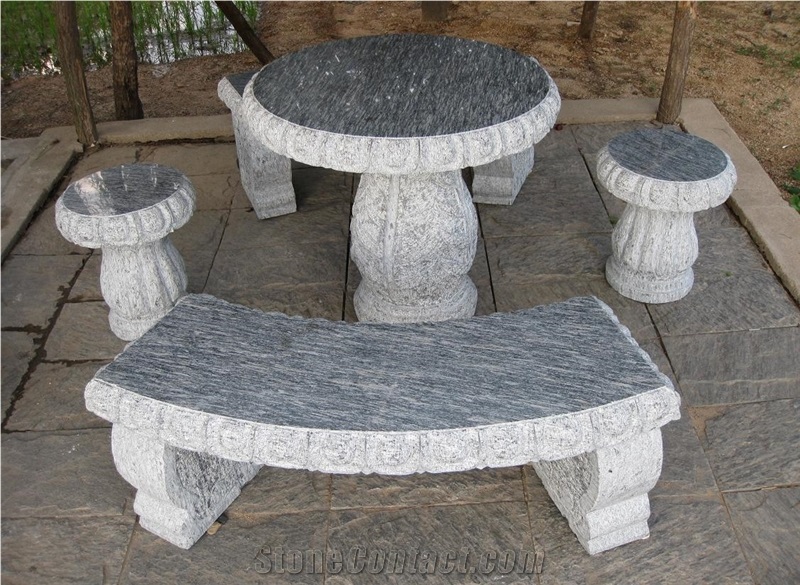 Polished Stone Marble Bench and Tables in Garden