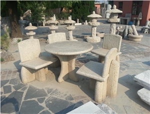 Yellow Granite Garden Stone Table and Bench for Landscaping , Outdoor Stone Bench and Chair in Garden for Decoraton