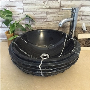 Black Marquina Marble Vessel Sink Bathroom Wash Basin Natural Stone Wash Bowl Factory Supply Roud Basin