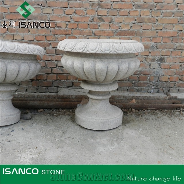 Beige Marble Garden Carved Flower Pot, Natural Stone Outdoor Flower Vases, Landscaping Stone Pots, Galala Beige Marble Flower Vases