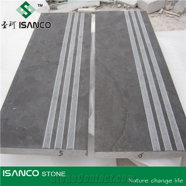 Limestone Step, Honed Exterior Step, China Blue Limestone Steps, Honed Blue Limestone Stair Treads,Half or 1/4 Bullnose Blue Limestone Staircase with Sawn Cut Edges and Machine Cut Back