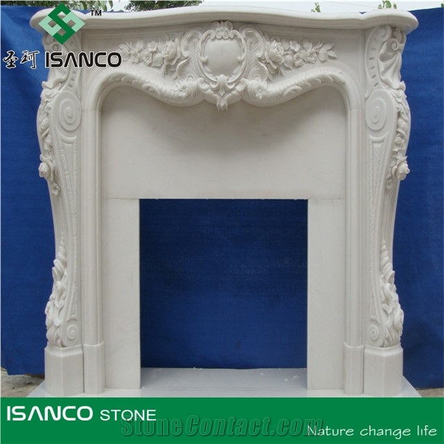 Polished White Marble Fireplace Mantel/Hearth/Design/Surround, Volakas Fireplace, British Style Fireplace, White Marble Fireplace Mantel Handcarved Flower Sculptured Fireplace