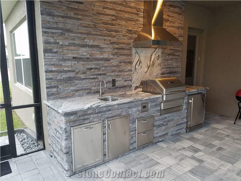 Just Finished! Granite Countertops, Slate Ledger Panel Wall Cladding