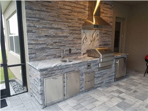 Just Finished! Granite Countertops, Slate Ledger Panel Wall Cladding