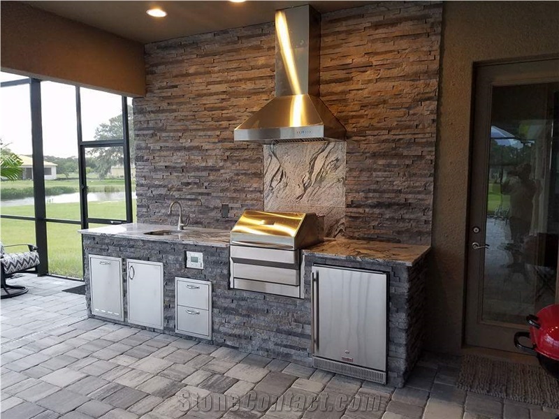 Just Finished! Granite Countertops, Slate Ledger Panel Wall Cladding