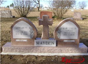 Cheap Price Gothic with Notch Cross Design Sunset Red Granite Upright Monuments/ Family Monuments/ Western Style Monuments/ Double Monuments/ Custom Monuments